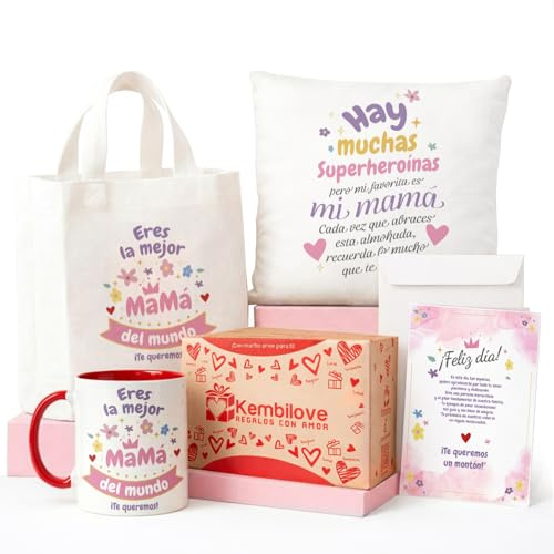 Kembilove® Pack Regalo Mamá – Kit con Taza, Cojín y Bolsa – Regalo Original para Madre Cumpleaños Día de la Madre – Caja Regalo con Tarjeta