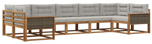 vidaXL Outdoor-Sofagarnitur mit Kissen 7 pcs Natürlich und Hellgrau, Modernes Ecksofa-Set, stylische Gartenlounge, Möbel für Terrasse, wetterfest am Pool