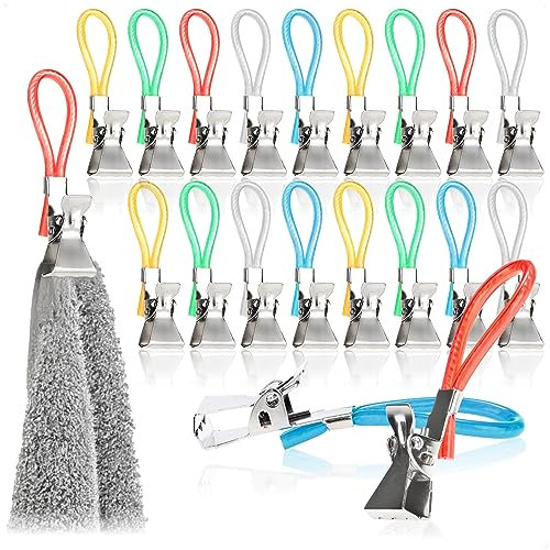 COM-FOUR® 20x Pinces Porte-Serviettes en Plastique et métal chromé - Pinces colorées pour Serviettes, débarbouillettes, éponges de Bain - Boucles de Suspension pour maniques et torchons (20 pièces)