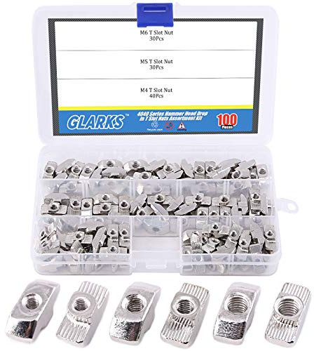 Glarks 100-Pieces 4040 Series European T Nut Assortment Kit, M3 M4 M5 Hammer Head Drop in T Slot Nuts for 40 Series Aluminum Profile - Nickel Plated Carbon Steel