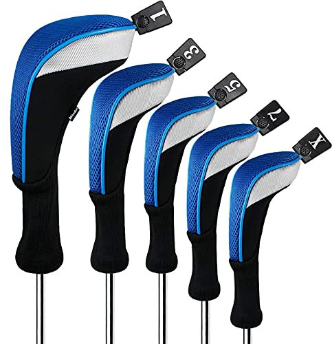 Andux 5pcs/Set Golf 460cc Driver Fairway Wood Club Head Covers Long Neck Black/Blue