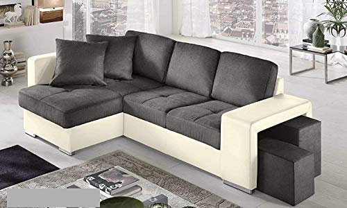 Dafne Italian Design Ecksofa 2-Sitzer mit Halbinsel links Kunstleder Creme Stoff Anthrazit (267 x 158 x 88 cm)