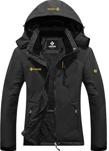 GEMYSE Damen Wasserdichte Berg-Skijacke Winddichte Skijacke Fleece Outdoor-Winterjacke mit Kapuze (Eisen Grau,L)