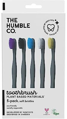 The Humble Co. Schwarze Zahnbürste auf Pflanzenbasis (5 Stück) – veganes, weiches Zahnbürsten-Set mit BPA-freien Borsten, beste Zahnbürste für überlegene Mundpflege und hervorragende Zahnreinigung (5