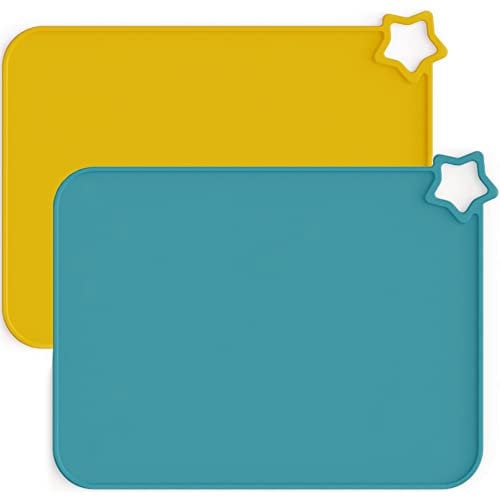 Moonkie Baby Silicone Placemats, Non-Slip Stain Resistant Portable Food Mats for Kids Toddler with 2 Packs (Teal/Mustard)