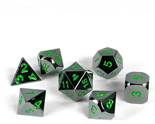 shibby 7 polyedrische Metall-Würfel - Verchromt - für Tabletop und Rollenspiele inkl. Aufbewahrungsbox - Grün