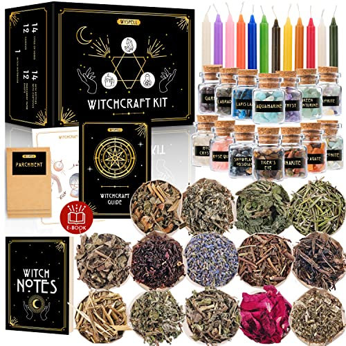 Wyspell Kit de suministros de brujería para altar de bruja, 54 piezas, velas de hechizo, brujas, cristales, frascos, hierbas, hechizos, caja para principiantes, color verde