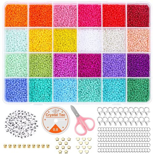 Noa Home Deco 24000 cuentas de cristal y 100 cuentas con letras del alfabeto, pequeñas perlas de 2 mm con cordón elástico y tijeras, para hacer pulseras, joyas y manualidades, carbón