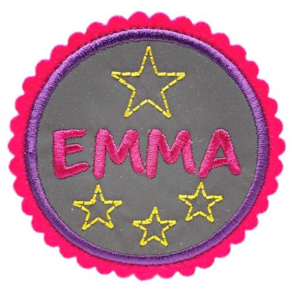 Klettie Reflektor mit Namen und Sternen für Schulmappe Wunschname 8cm pink und lila - bis 8 Buchstaben