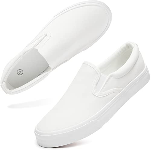 Women's Slip on Shoes Low Top Canvas Sneakers Non Slip Fashion Casual Shoes(White Mono.US8