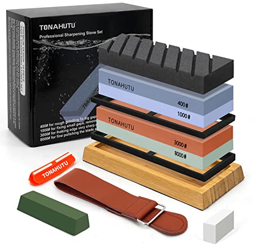 Tonahutu Knife Sharpening Stone Kit, Professional Dual Grit Whetstone 400/1000 3000/8000 Premium Whetstone Knife Sharpener with Leather Strop, 150/320 Flattening Stones, Angle Guide