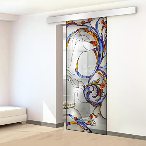 Porta scorrevole in vetro colorato dipinto a mano, modello SI porpora 95x215 cm (60/85/95 cm) 8 mm vetro trasparente, kit completo di ferramenta (95x215 cm, DESTRA)