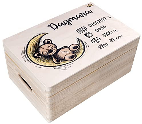 Creative Deco Erinnerungsbox Baby Personalisiert mit Namen - Teddybär | 30 x 20 x 14 cm | Individuelle Erinnerungskiste Geschenk zur Geburt für Mädchen und Jungen | Holzkiste mit Deckel | Farbdruck