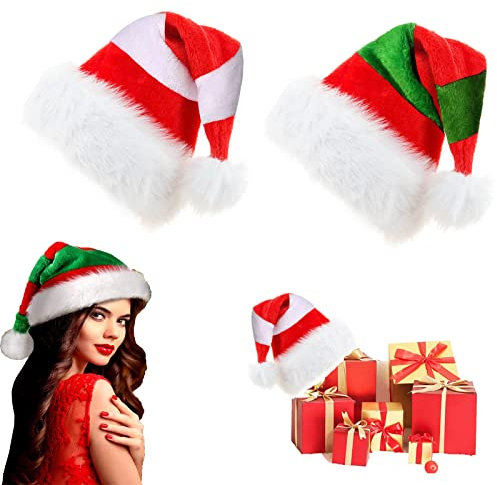 May Huang Weihnachtsmütze, 2 Stück Nikolausmützen, Weihnachtsmann Mütze, Nikolausmütze für Erwachsene und Kinder, Dicker Fellrand aus Plüsch Kuschelweich & Angenehm (Weiß und Grün)