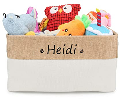 TONYFY Zusammenklappbarer Hundespielzeug-Aufbewahrungskorb mit Personalisiertem Haustiernamen und Gewebtem Seilgriff, Zum Aufbewahren von Hunde Katzen Zubehör, Haustierbedarf (Pfote-Beige)