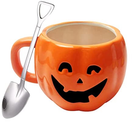 JQFOROVU 350ML Tazza da caffè per la colazione in ceramica, tazza zucca di Halloween, lavabile in lavastoviglie e a microonde, con cucchiaio in acciaio, per donne e ragazze