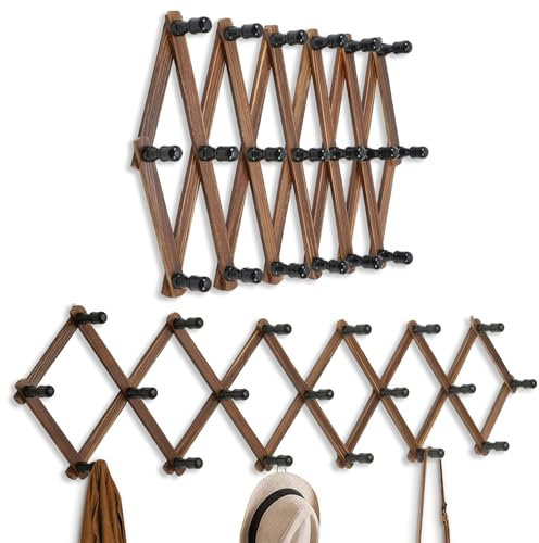 WGFKVAS Pack Erweiterbare Garderobe, Akkordeon-Wandaufhänger, 19 Haken, Holz, Hutständer Wandmontage, Huthaken für Schlüssel, Kaffeetasse, Mäntel