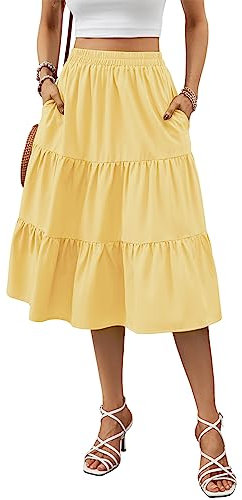Lyrur Damen Floral Midi Rock mit Taschen Hohe Elastische Taille Flowy Rüschen Casual Sommer Boho Aline Röcke, gelb, Mittel