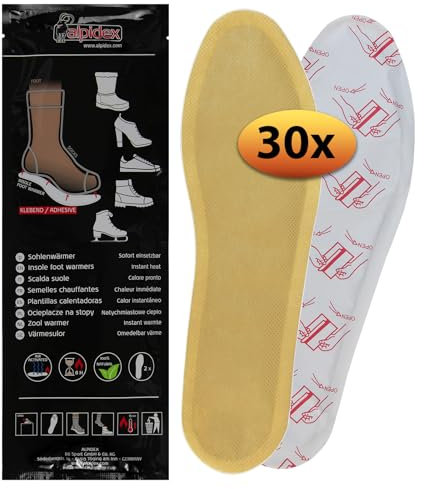 ALPIDEX Heat Insoles, Foot Warmers, 8 | 15 | 30 Pairs, Adhesive Sole, Instant 8 Hours Warm Feet, Natural Heat Shoe Warmer Inserts, Heat Pads, Soles, Shoes, Size: L, 43-46, Colour: 30 Pairs