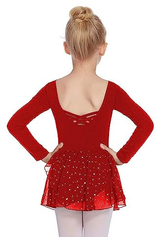 Arshiner Ballettkleider Mädchen Langarm Ballettkleidung Baumwolle Glitzer Tanzkleid Ballettanzug Kinder Balletttrikot mit Tüllrock Rot 160
