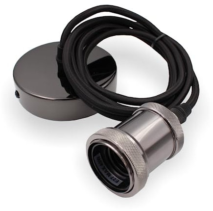 Pendelleuchte mit textilummanteltem Silikonkabel FLEX, Metall Baldachin und E27 Fassung & Schraubring | 2000mm (Schwarz verchromt)