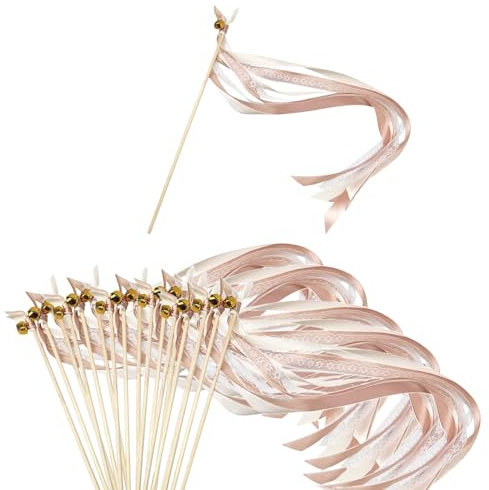 Trsnzul Wedding Wands mit Glocke 20 Stück Zauberstäbe Hochzeit Luftschlangen Wedding Wands Luftschlangen mit Holzstäbchen Seidenfeenstab Wedding Wands Hochzeit Stäbe mit Hochzeitsband