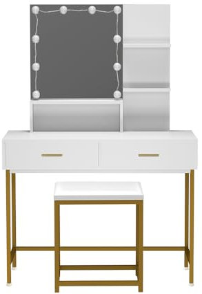 Home Deluxe - Schminktisch Kasia - Farbe: Weiß, Gestell: Gold - 145 x 100 x 40 cm, 10 LED´s wählbar zwischen 3 Lichtfarben, steuerbar über Touchbutton I Kosmetiktisch Make UP Tisch