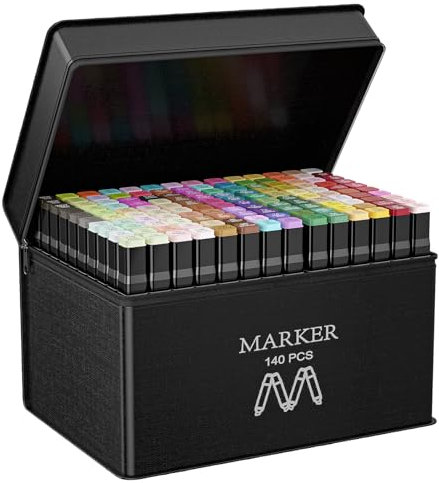 AOMEES Filzstifte 140+4 Marker Set, Meißel & Feine Verdoppelt Spitzt Kunst Sketch Twin, 2 Sekunde Schnell Trocknende Alkohol Permanenter Marker Set für Manga/Design/Schule mit Lagerbasis