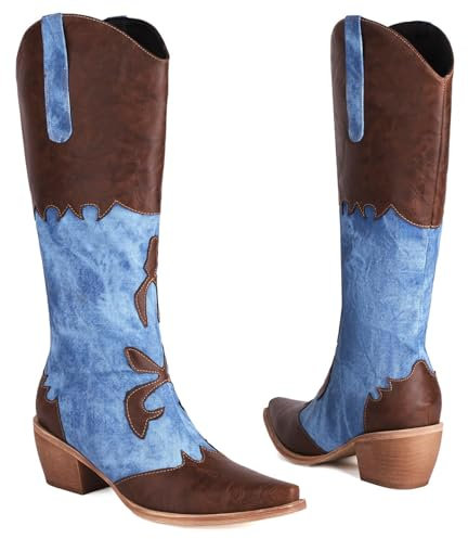 Cozivwaiy Stivali da cowboy da donna in denim patchwork stivali alti al ginocchio Colorblock cowgirl occidentale metà polpaccio jeans scarpe a punta tacco grosso pull on, Marrone, 39.5 EU