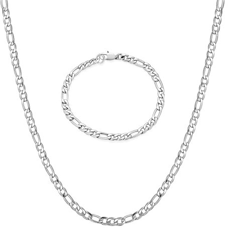 Uwiyo Figarokette Armband, 3/4/5/6/7/8mm breit Edelstahl Silber Figaro Kette Armband Halskette Hip Hop Punk Schmuck für Herren Damen, 46/51/56/61/66cm Länge (Silber-3mm, 46)
