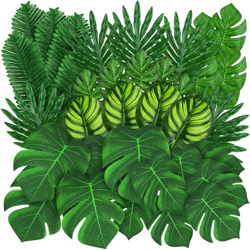 QUOZUO 50 Pièces Feuilles Tropicales Artificielles De Palmier Vert Monstera Artificielles Plantes Tropicales pour Jungle Anniversaire Hawaïen Décorations