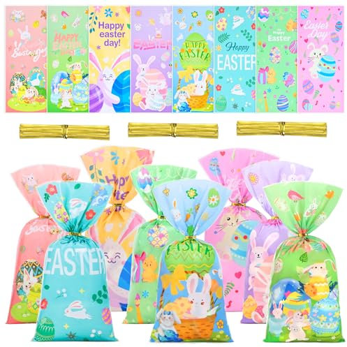BBLIKE 100 Pcs Ostern Cellophantüten, Plätzchentüten mit Twist Krawatten, Ostern Zellophantüten mit Langohrkaninchen, Ostereier, Bunt Ostern Transparent Kekstüten für Ostern Süßigkeiten Kekse Snacks