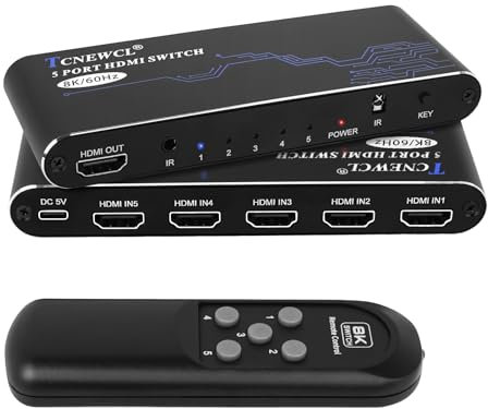 TCNEWCL 8K 60Hz/4K 120Hz Switch HDMI 5 entradas 1 Salidas, 5x1 Conmutador HDMI 2.1 con Mando a Distancia, Compatible con 3D HDP 10 HDCP 2.3 HDMI 2.1 48 Gbps, para PS5 PS4 Xbox BLU-Ray-Player HDTV DVD