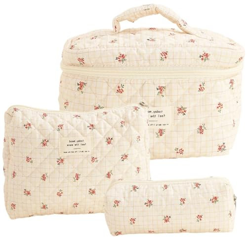 Damen Gesteppte Kulturtasche, 3 Stück Kosmetiktasche, Blumenmuster Kulturbeutel Set, Reisen Schminktasche Gedruckt, Baumwolle Make up Bag für Frauen Mädchen (Rot)