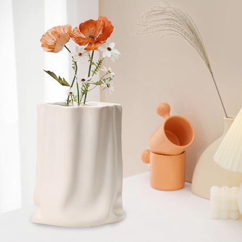 Keramikvase Weiß, Vase für Blumen, Blumenvase Modern, Kreative Unregelmäßige Deko Vasen, Dekovasen für Tischdekoration, Tafelaufsätze, Eingangsregal, Wohnzimmer