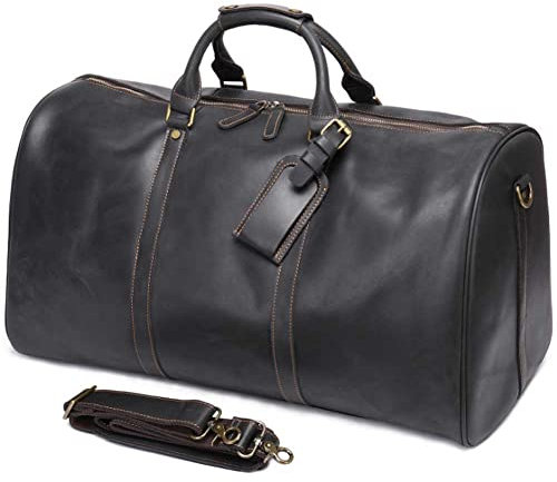 QTANZIQI Übergroße Reise-Reisetasche aus Leder, Echtleder-Reise-Wochenende-Übernachtungs-Reisetasche für Fitnessstudio, Sport, Gepäcktaschen für Herren, Schwarz