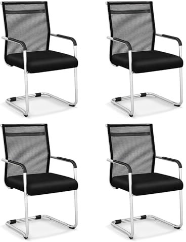 COSTWAY Set of 2/4 Stackable Reception Chairs, Mid Back Mesh Guest Chairs with Sled Base, Conference Armchairs Executive Computer Desk Chair for Home Office (4 PCS)