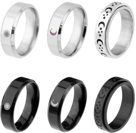 UNICRAFTALE 6 Stück 2 Farben Fingerring Mond Stern Sonne Ringe 304 Edelstahl Dunkler Zappelring Mode Schwarz Drehring Jahrestag Geburtstagsgeschenke Für Männer Freund