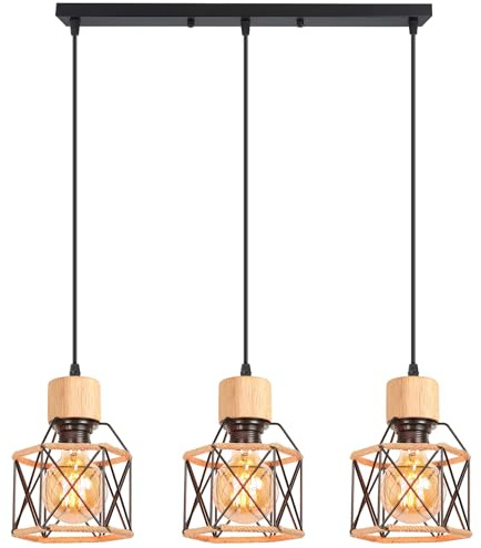 iDEGU 3 Luci Lampadario a Sospensione Vintage E27 Plafoniera Industriale in Legno Metallo Gabbia Corda di Canapa Lampada da Soffitto Retrò Lampade a Sospensione per Cucina Salotto Cameretta (Barra)