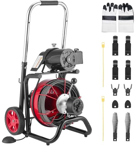 VEVOR Drain Cleaner Machine 100FT x 3/8 Inch, Auto Feed Sewer Snake Auger on Wheels, 370W Portable Drain Cleaning Machine with 8 Cutters & Air-activated Foot Switch for 2 to 4 Pipes