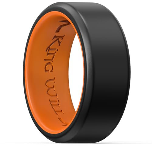 King Will Men's Silicone Wedding Bands, 8mm Comfort Fit with Unique Inner Groove Design, Rubber Engagement Rings for Daily Wear and Activities, Black&Orange, V 1/2(11)