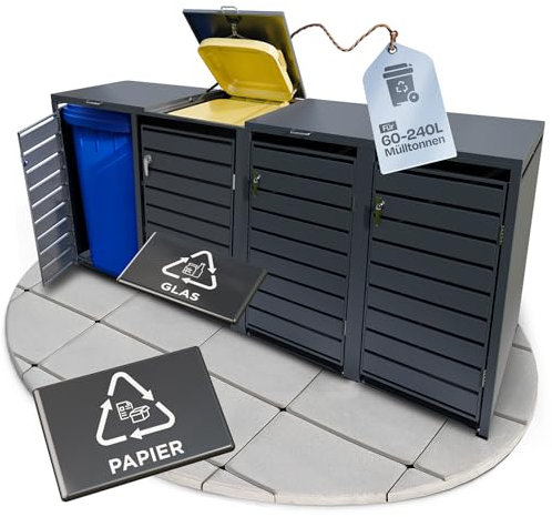 EDELFELD - Wetterfeste Mülltonnenbox für 4 Tonnen [bis 240L] - Abschließbare Mülltonnenverkleidung aus massivem Stahl - 4er Mülltonnenbox mit Soft Close - Inkl. Magnete zur Müllbox Beschriftung