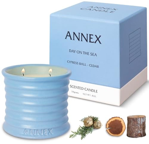 Scented Luxury Candles in Handmade Ceramic Jars, Soy Wax | Day On The Sea – Cypress & Cedar, Large Candle | Non Toxic, 2 Wicks, Reusable Big Blue Jar | Natural Spring Aromatherapy for Women & Men