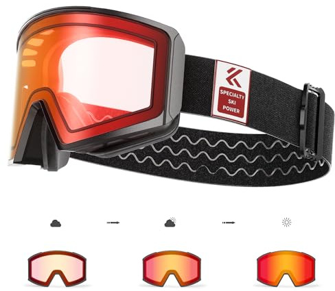 KAPVOE Selbsttonend Skibrille mit Magnetgläsern, Anti-Nebel, UV400-Schutz, für Herren, Damen und Jugendliche, kompatibel mit Helm, ideal für Ski, Snowboard und Eisskaten 01