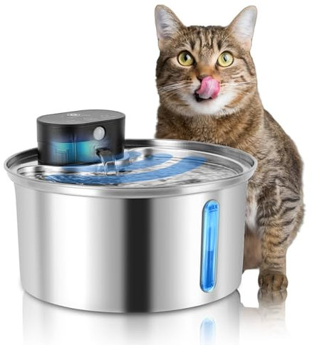 Fontaine a Eau Chat sans Fil, 3,2L Fontaine à Eau pour Chat à Pile, 5000 mAh Rechargeable Batterie, Silencieux Distributeur Eau Chats Automatique (Rond, 3,2 L)