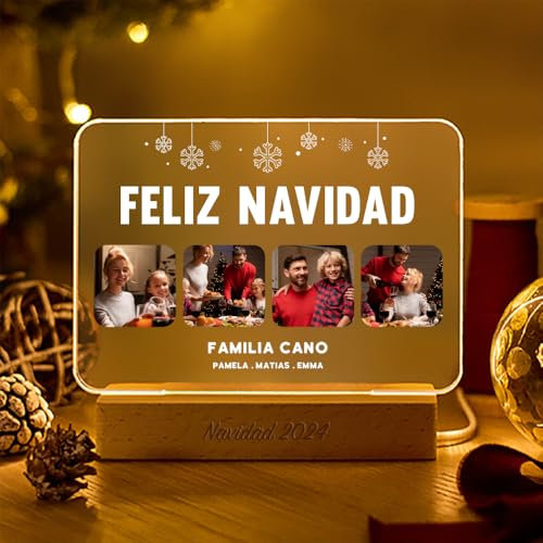 Transparent Gift Lámpara Personalizada con Cuatro Fotos y Textos Copos. Lámparas Personalizadas. Placas Metacrilato Luz LED. Regalos Navidad. Decoración Navideña. Regalos para Familia, Amigos, Pareja
