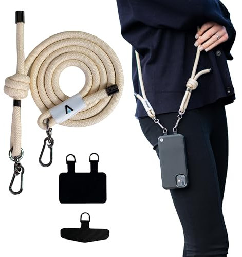A Strap Handykette Universal zum Umhängen - Kompatibel mit jedem Handy und Smartphone, Kette zum Umhängen, dicke Kordel, mit jeder Hülle kombinierbar, verstellbar, beige