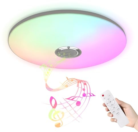 YRHome Ultraflacher LED RGB Deckenleuchte Deckenlampe Dimmbar mit Bluetooth Lautsprecher Fernbedienung Deckenlampen Runde mit Musikwiedergabe Wohnzimmerlampe Schlafzimmerlampe - 72W - Ø45cm