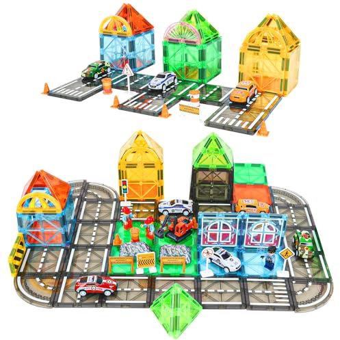 HOTUT Magnetic Tiles Road Building Blocks, 125 Pcs Magnetic Tiles City Road Set Kids Toys, Magnetic Building Blocks with Cars Toys for 3+ Year Old, Magnetic Blocks Building Toys STEM Toddlers Toys