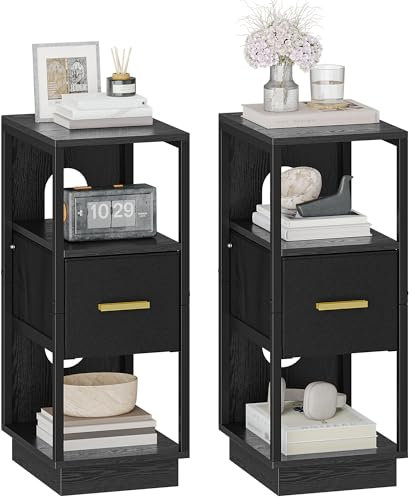 Hzuaneri Nachttisch 2er Set, Beistelltisch mit Offenes Fach, Nachttisch Schmal mit 1 Stoffschublade, Modern, für Schlafzimmer, Wohnzimmer, 30 x 24 x 60 cm, Schwarz NS61304B